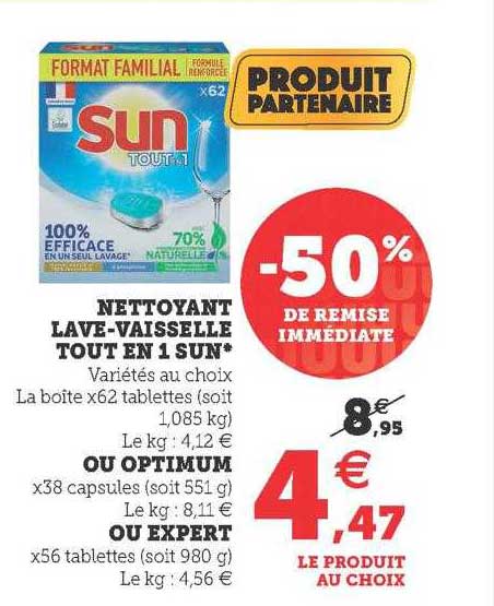 nettoyant lave-vaisselle tout en 1 sun ou optimum ou expert