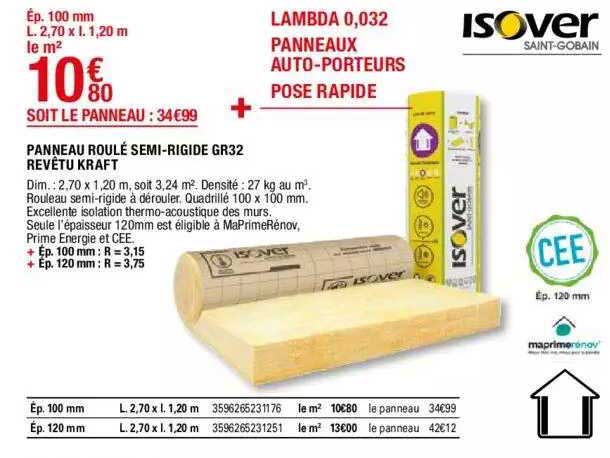 panneau roulé semi-rigide gr32 revêtu kraft isover