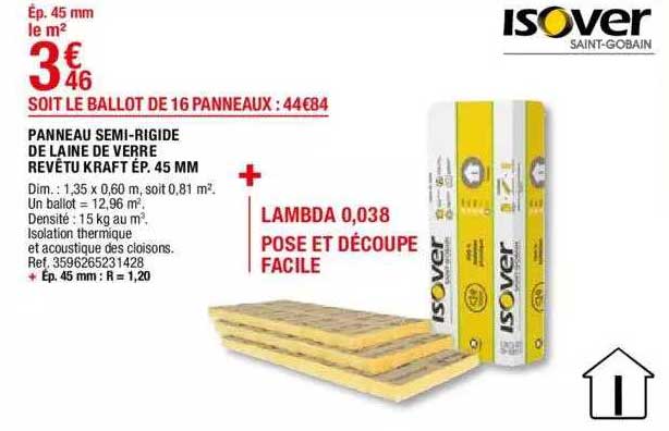 panneau semi-rigide de laine de verre revêtu kraft ép. 45 mm isover