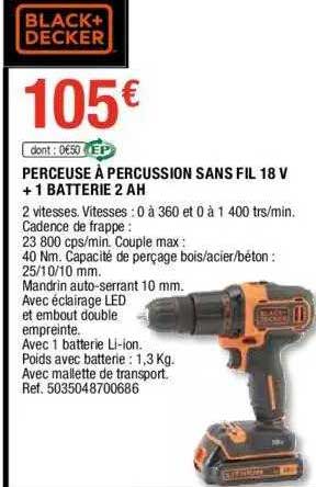 Perceuse à Percussion Sans Fil 18 V + 1 Batterie 2 Ah Black + Decker