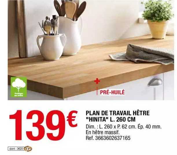 plan de travail hêtre "hinita" l. 260 cm