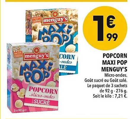 Popcorn Maxi Pop Menguy's Micro-ondes Goût Sucré Ou Goût Salé