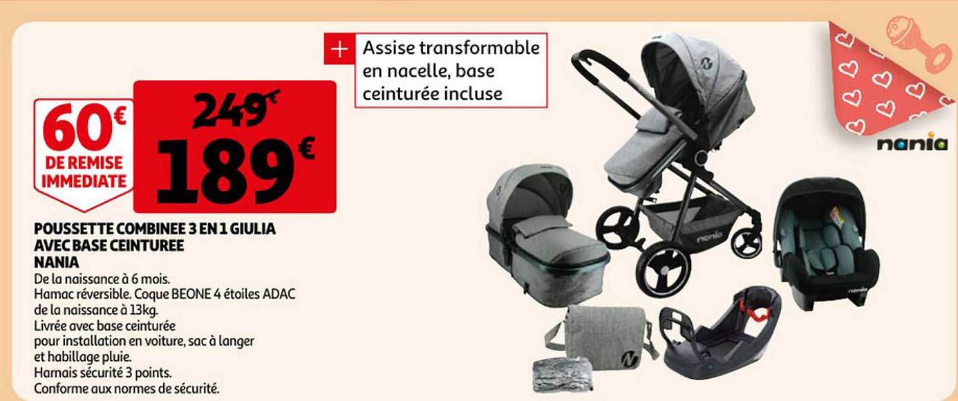 poussette combinée 3 en 1 giulia avec base ceinturée nania