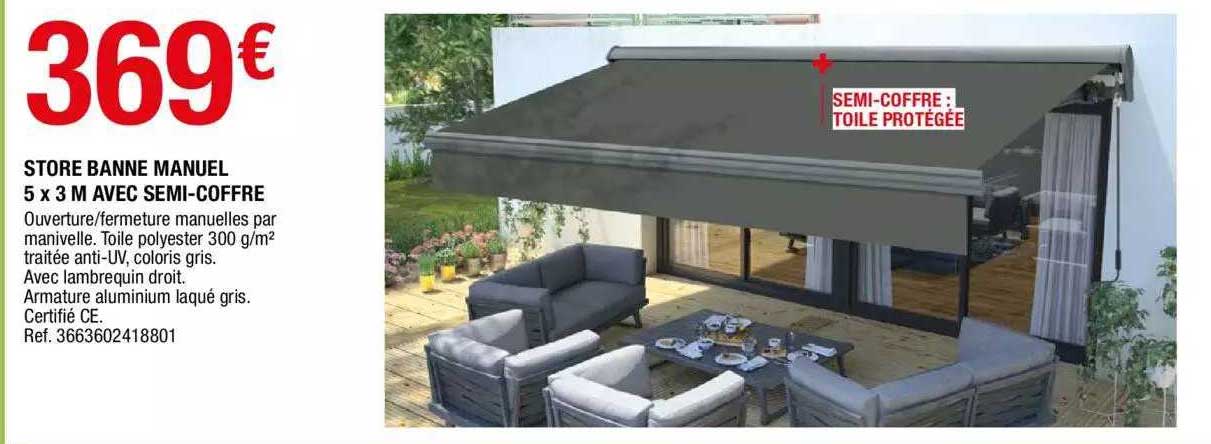 store banne manuel 5 x 3 m avec semi-coffre