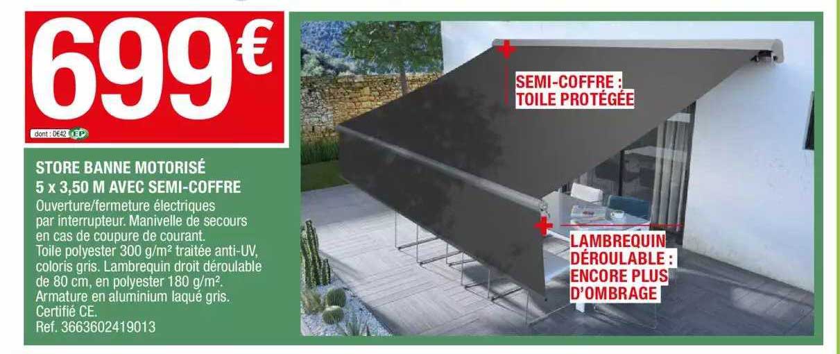 store banne motorisé 5 x 3,50 m avec semi-coffre