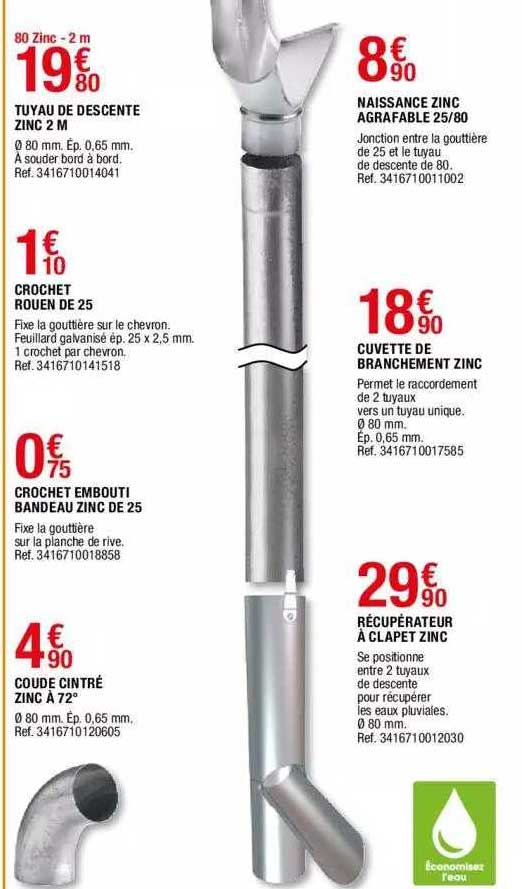 tuyau de secente zinc 2 m, crochet rouen de 25, crochet embouti bandeau zinc de 25, coude cintré zinc à 72°, naissance zinc agrafable 25-80, cuvette de branchement zinc, récupérateur à clapet zinc