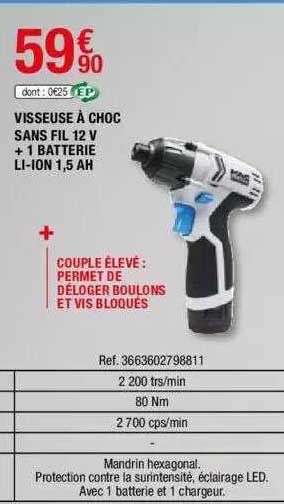 visseuse à choc sans fil 12 v + 1 batterie li-ion 1,5 ah