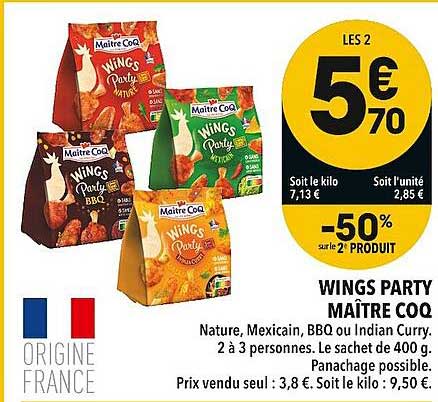 wings party maître coq -50% sur le 2e produit