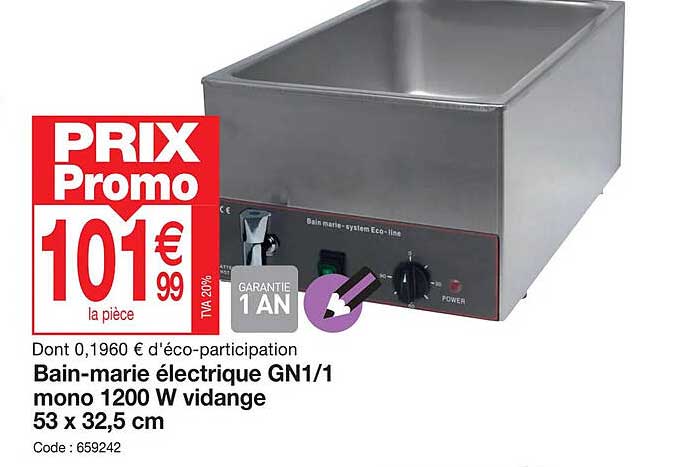 bain-marie électrique gn1 1 mono 1200 w vidange 53 x 32.5 cm