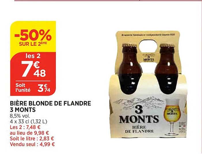 bière blonde de flandre 3 monts -50% sur le 2ème