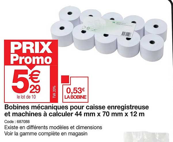 bobines mécaniques pour caisse enregistreuse et machines à calculer 44 mm x 70 mm x 12 m