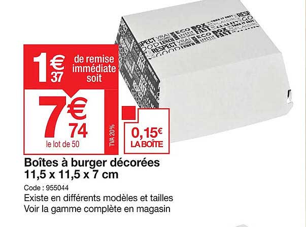boîtes à burger décorées 11.5 x 11.5 x 7 cm
