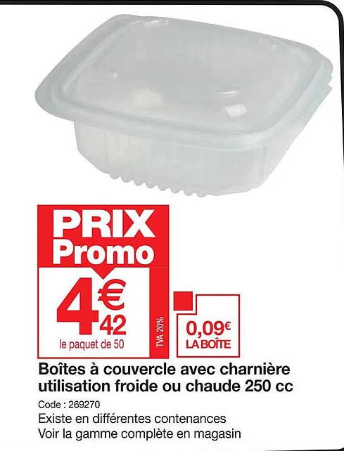 boîtes à couvercle ave charnière utilisation froide ou chaude 250 cc