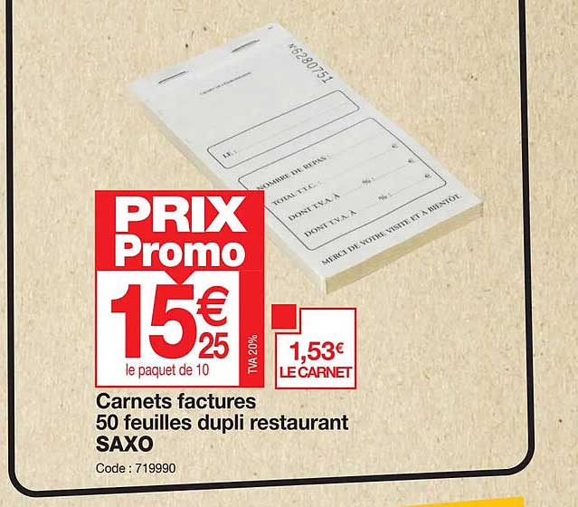 carnets factures 50 feuilles dupli restaurant saxo
