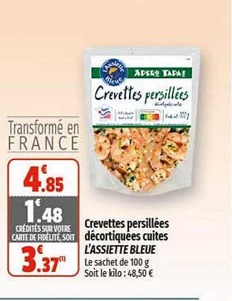 crevettes persillées décortiquées cuites l'assiette bleue