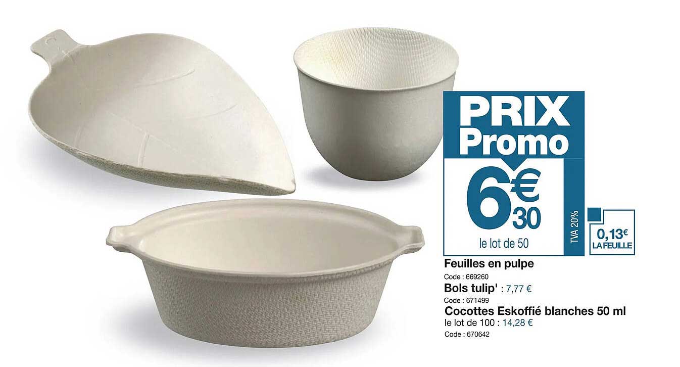 feuilles en pulpe bols tulip cocottes eskoffié blanches 50ml