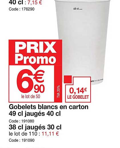 gobelets blancs en carton 49 cl jaugés 40cl 38cl jaugés 30cl