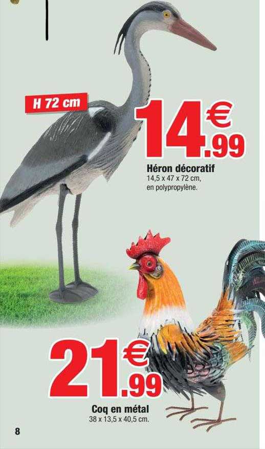 héron décoratif coq en métal