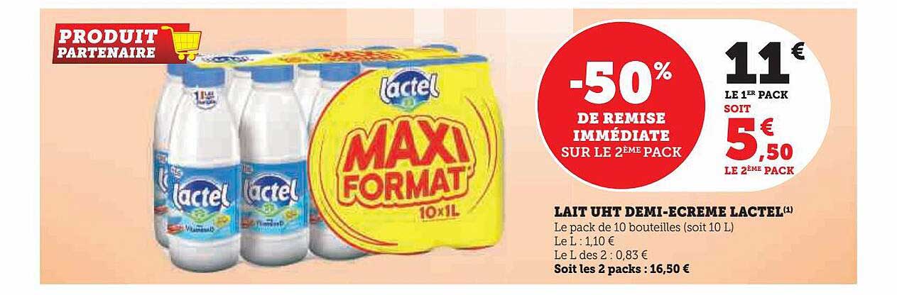 lait uht demi-écrémé lactel -50% de remise immédiate sur le 2ème pack