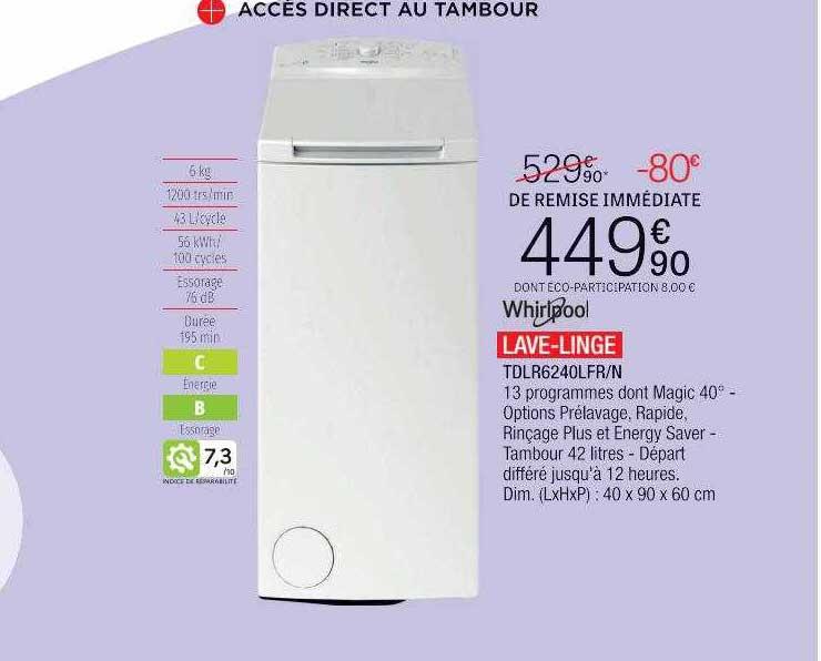 lave-linge tdlr6240lfr-n whirlpool