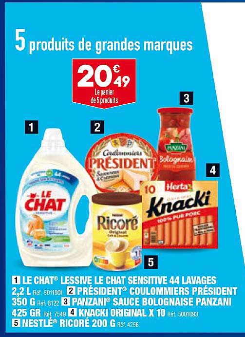 le chat lessive le chat sensitive 44 lavages 2,2 l, président coulommiers président 350 g, panzani sauce bolognaise panzani 425 gr, knacki original x10, nestlé ricoré 200g