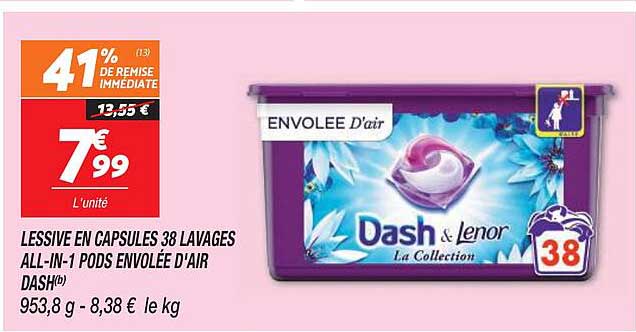 lessive en capsules 38 lavages all-in-1 pods envolée d'air dash