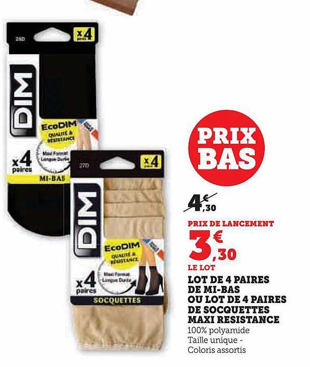 lot de 4 paires de mi-bas ou lot de 4 paires de socquettes maxi resistance