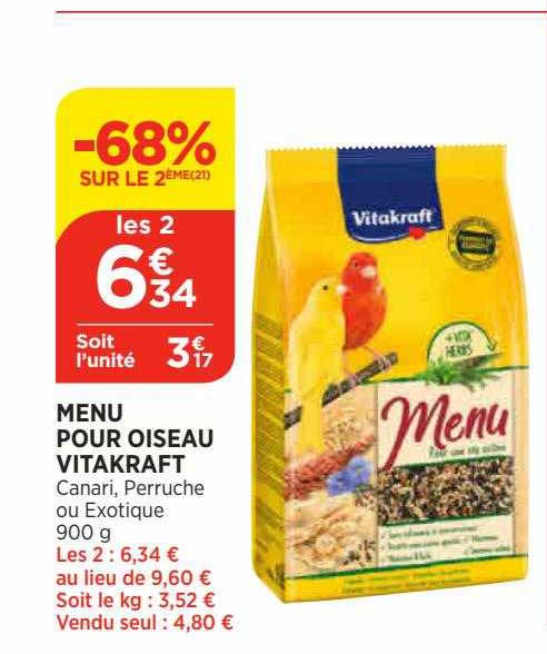 menu pour oiseau vitakraft canari, perruche ou exotique -68% sur le 2émé