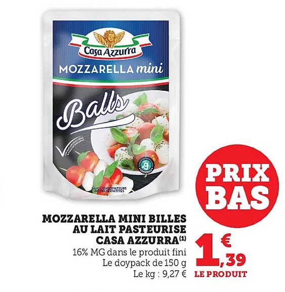 mozzarella mini billes au lait pasteurisé casa azzurra