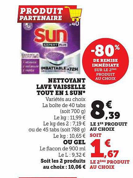 nettoyant lave vaisselle tout en 1 sun -80% de remise immédiate sur le 2ème produit au choix