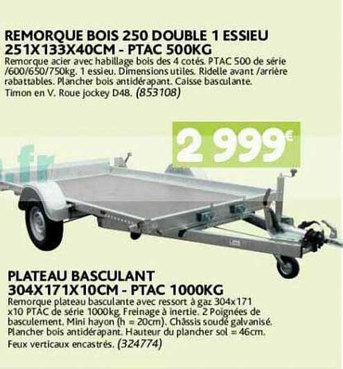 remorque bois 250 double 1 essieu 250x133x40cm - ptac 500kg