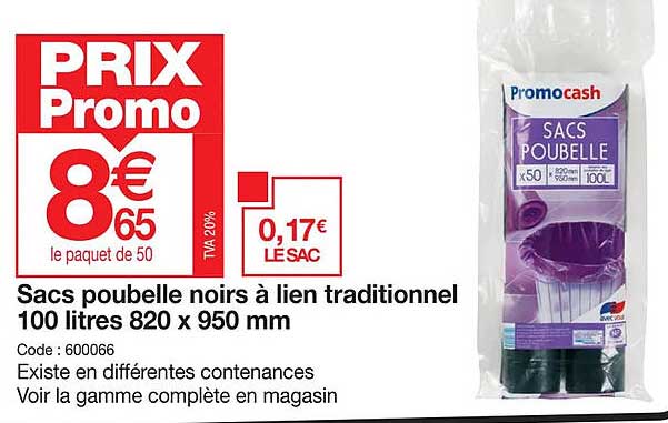 sacs poubelle noirs à lien traditionnel 100 litres 820 x 950 mm