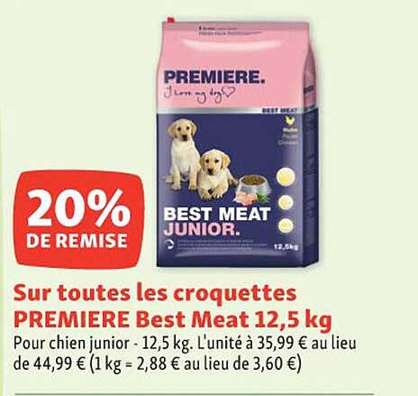sur toutes les croquettes premier best meat pouch chien junior