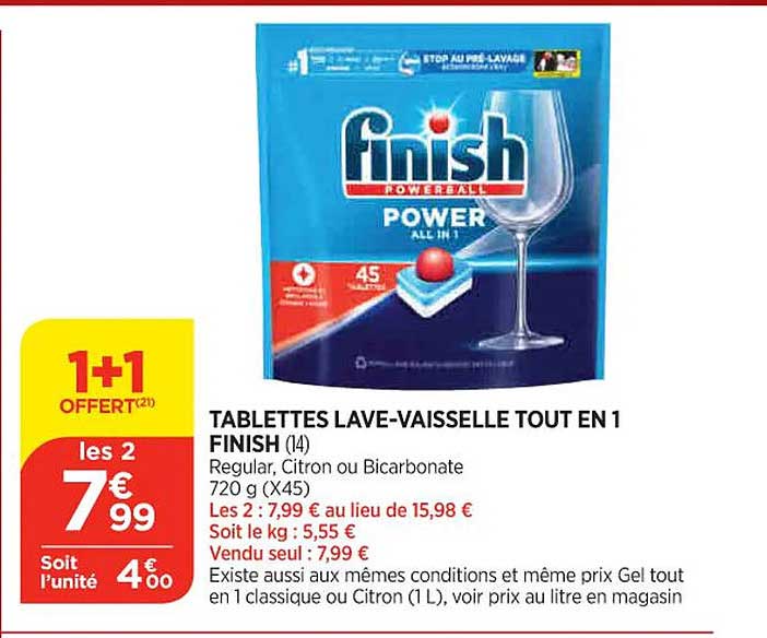 tablettes lave-vaisselle tout en 1 finish 1+1 offert