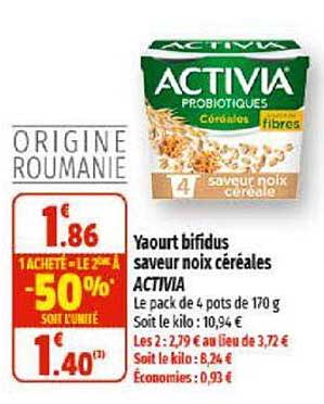 Yaourt Bifidus Saveur Noix Céréales Activia 1 Acheté = Le 2ème à -50%