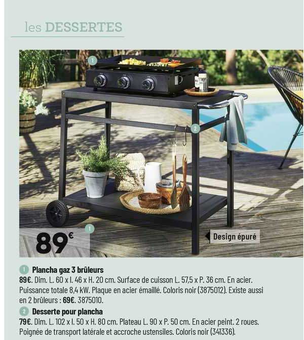 1- plancha gaz 3 brûleurs 2- desserte pour plancha