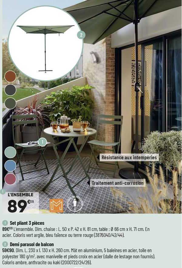 1- Set Pliant 3 Pièces 2- Demi Parasol De Balcon