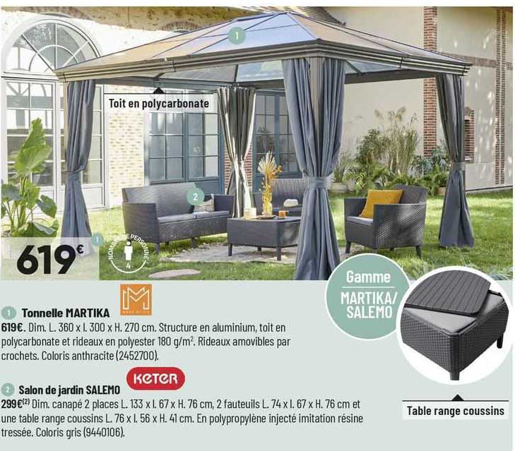 1- tonnelle martika 2- salon de jardin salemo keter