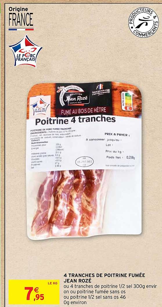 4 tranches de poitrine fumée jean rozé
