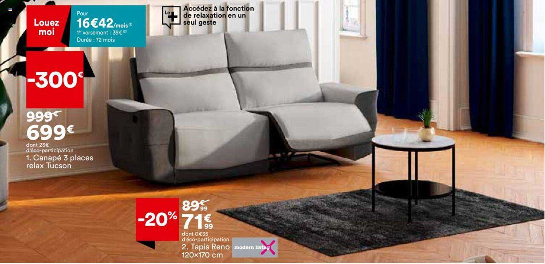 canapé 3 places relax tucson tapis reno 120x170 cm