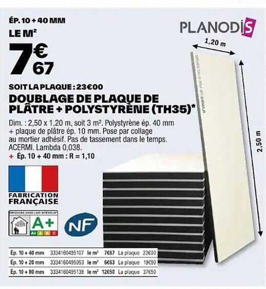 doublage de plaque de plâtre + polystyrène (th35) planodis