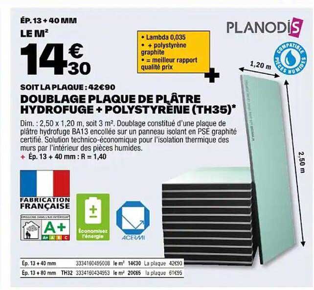 doublage plaque de plâtre hydrofuge  + polystyrène (th35) planodis