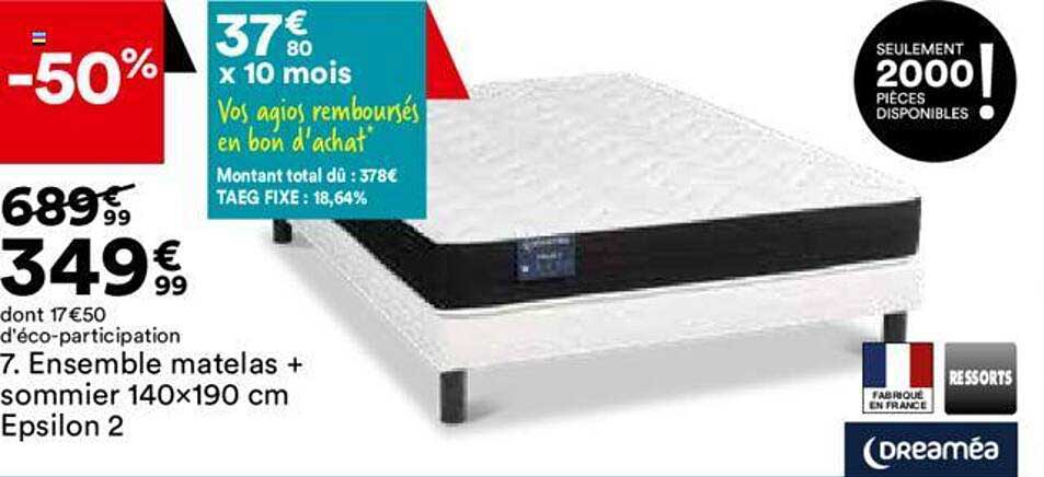 ensemble matelas + sommier 140x190 cm epsilon 2 dreaméa