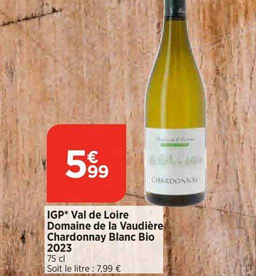 igp val de loire domaine de la vaudière chardonnay blanc bio 2023