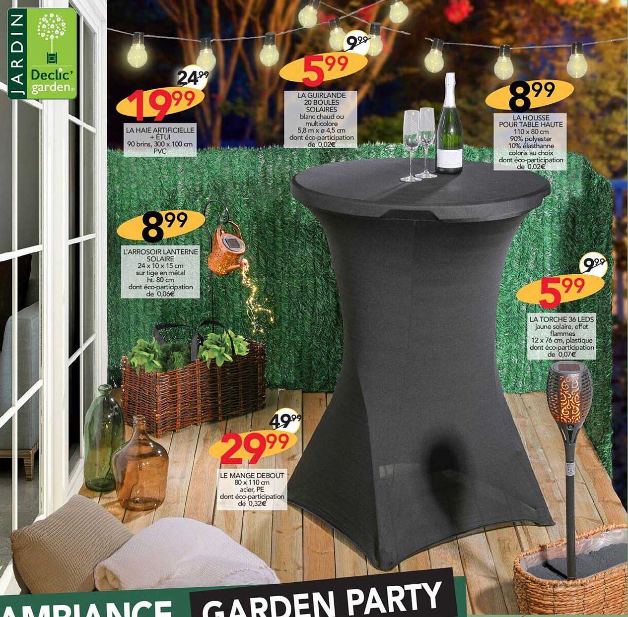 la haie artificielle + étui, la guirlande 20 boulles solaires, la housse pour table haute, la torche 36 leds, le mange debout