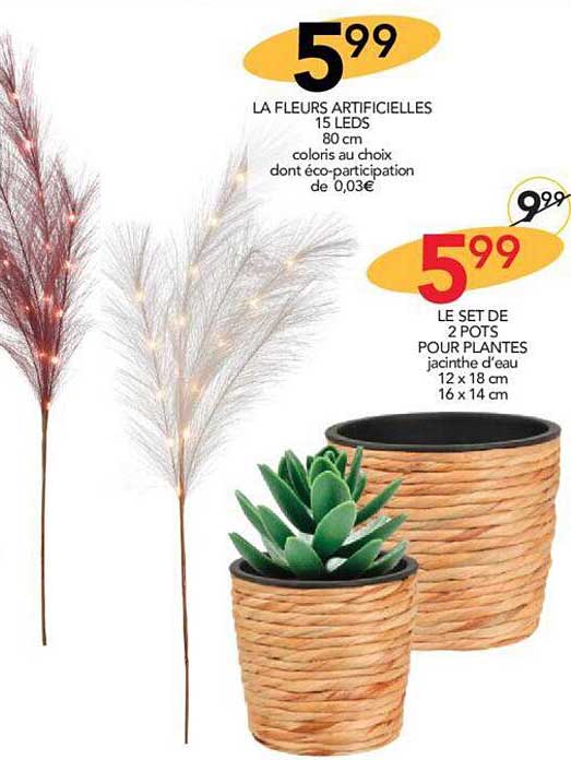 lafleurs artificielles 15 leds, le set de 2 pots pour plantes
