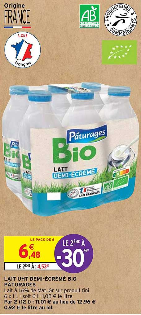 lait uht demi-écrémé bio pâturages