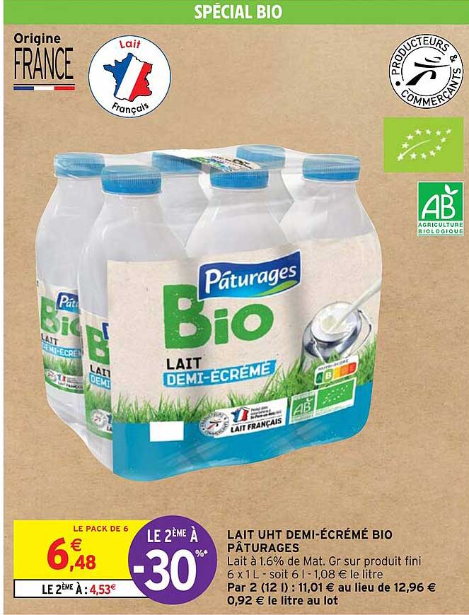 lait uht demi-écrémé bio pâturages