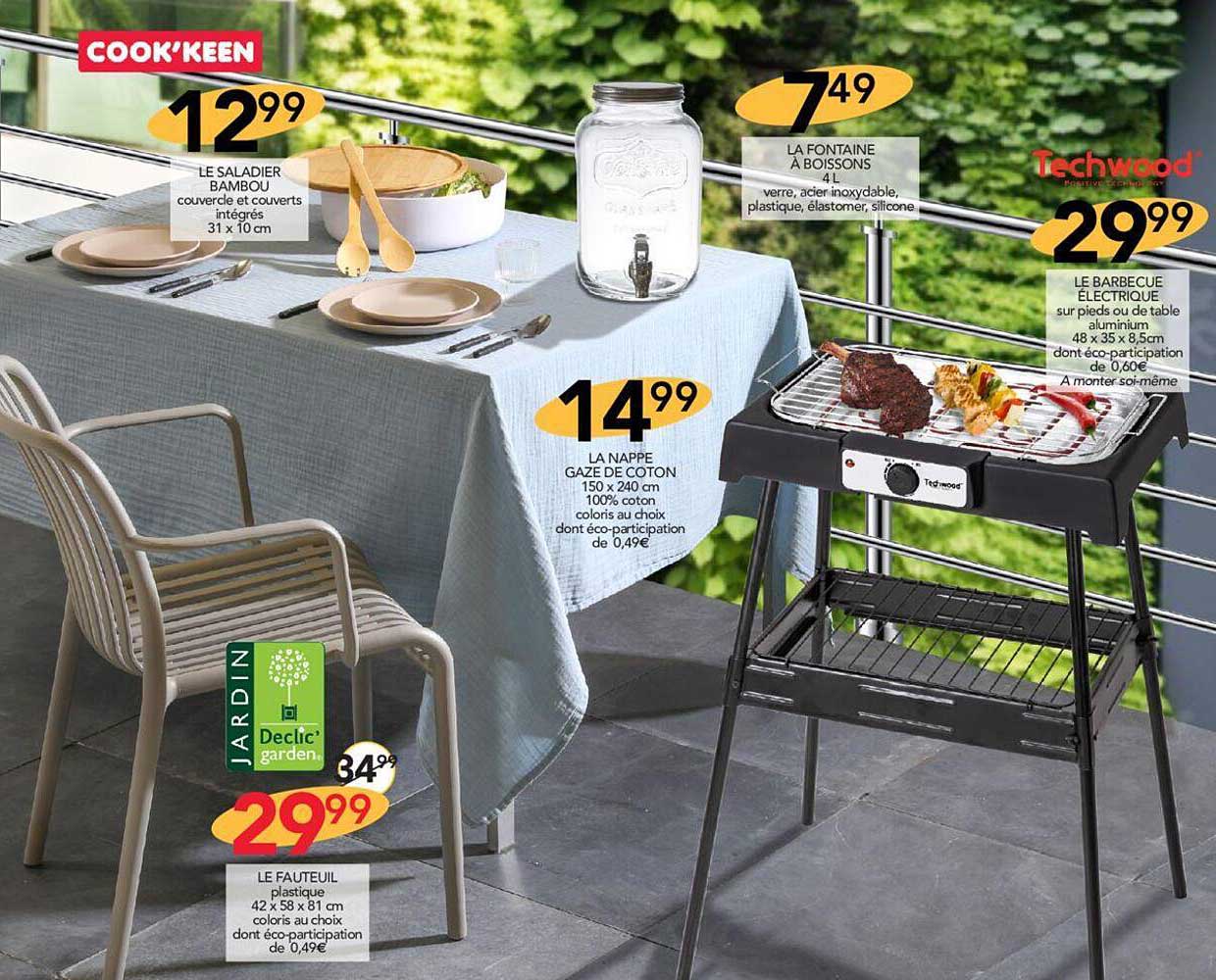 le saladier bambou, la fontaine à boissons, le fauteuil, la nappe gaze de coton, le barbecue électrique