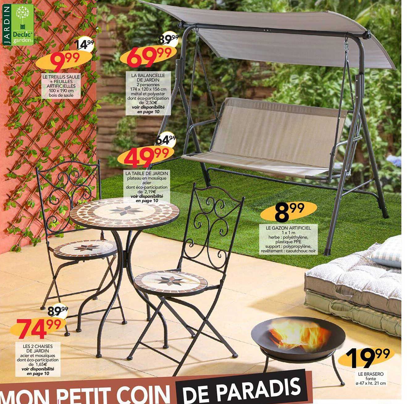 le treillis saule + feuille artificielles, la balancelle de jardin, la table de jardin, les 2 chaises de jardin, le gazon artificiel